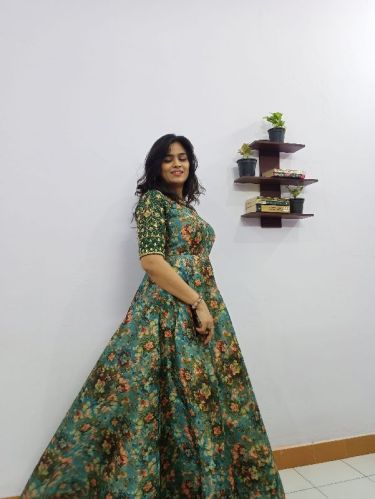 Ladies Floral Print Embroidered Sleeves Raw Silk Gown