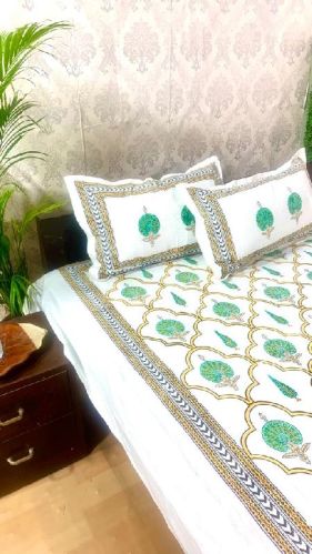 DKWTGRN105 Hand Block Printed Cotton Double Bedsheet