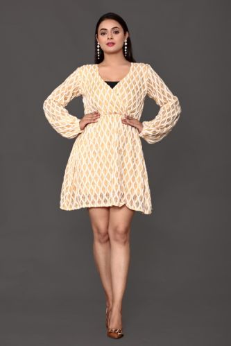 Lavera Embroidered Beige One Piece Dress, Occasion : Party Wear