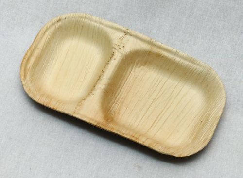 Rectangular Areca Leaf 2 Partition Plate, For Serving Food, Feature : Fine Finish