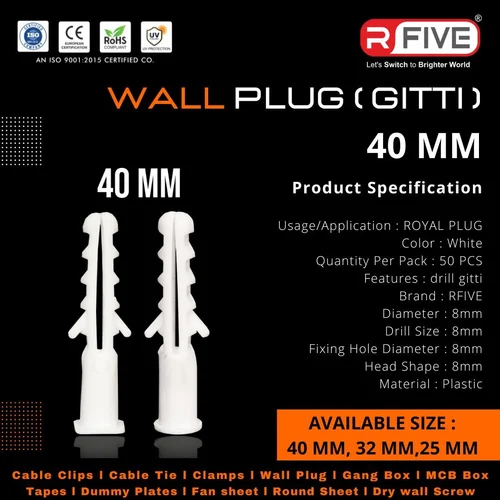 40mm Plastic White Wall Plugs, For Industrial Use, Feature : Crack Proof, Durable Nature, Optimum Quality