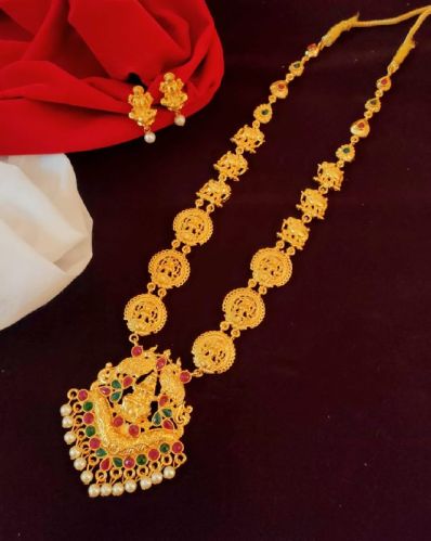 Round Golden Lakshmi Gold Plated Necklace Set, For Wedding Use, Style : Antique