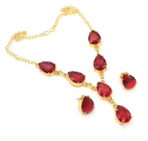 Red Garnet Quartz Gold Plated Earring Necklace Set