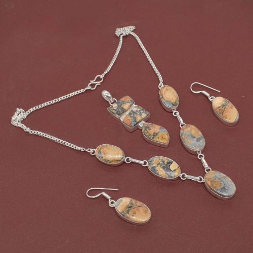 Silver Plated Malinga Jasper Gemstone Pendant Necklace Set