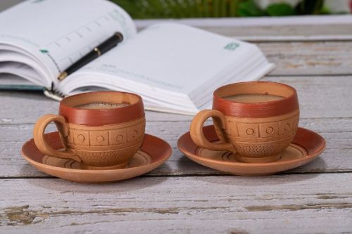 Microwavable Terracotta Cup Saucer Set, For Outdoor Use, Indoor Use, Pattern : Plain