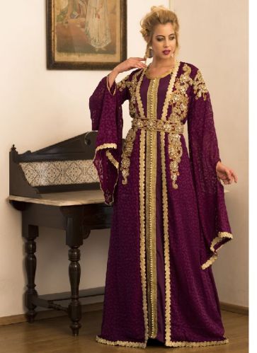 Jacket Style Moroccan Wedding Kaftan Dress, Color : Purple
