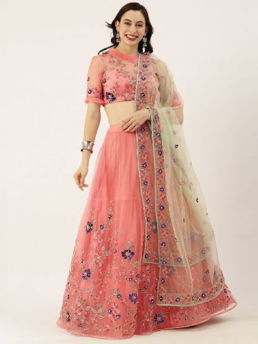 5351 Peach Net Coding and Moti Work Lehenga Choli