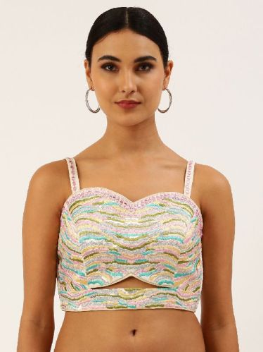 PFB 170 Cream Mirror Work Art Silk Readymade Blouse