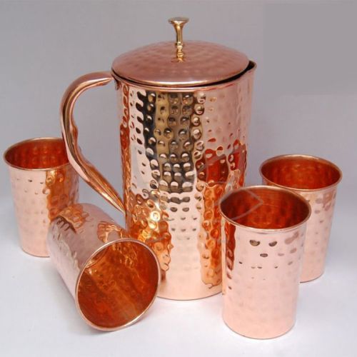 Copper Hammered Jug Set, For Home, Shape : Round