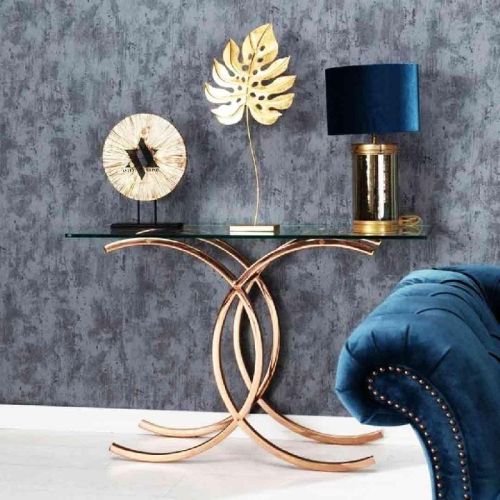 Rose Gold Metal Console Table With Glass Top