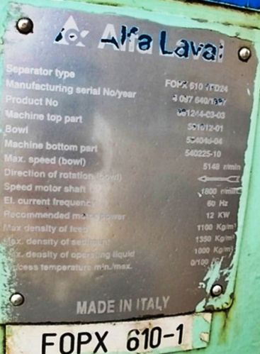 FOPX610 ALFA LAVAL SEPARATOR