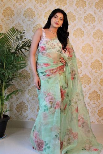 Printed Soft Organza Sarees, Technics : Machine Made