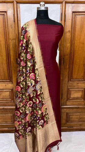 Banarasi Handloom Khimkhabn Silk Dupatta With Plain Silk Kameez Unstistched Suit Set