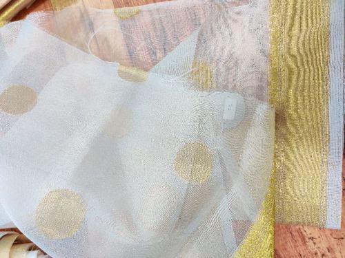 Pure Organza Silk With Both Side Reshami Gold Zari Border & Polka Weaved Dyeable Fabric