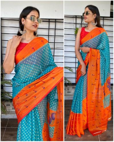 Pathani Style Pattern Brasso Saree, Feature : Breathable, Dry Cleaning, Easy Washable, Eco Friendly