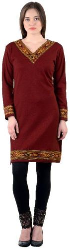 Vastraa Fusion Embroidered Red Ladies Woolen Kurti, Size : XL