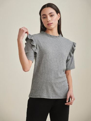 Round Neck Ruffle Detail Top, Size : XS, S, M, XL, XXL