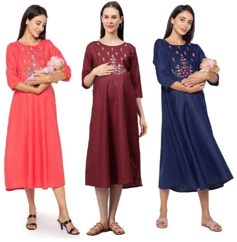 MomToBe Women's Rayon Embroidered Fit and Flare Maternity/Feeding/Nursing Dress