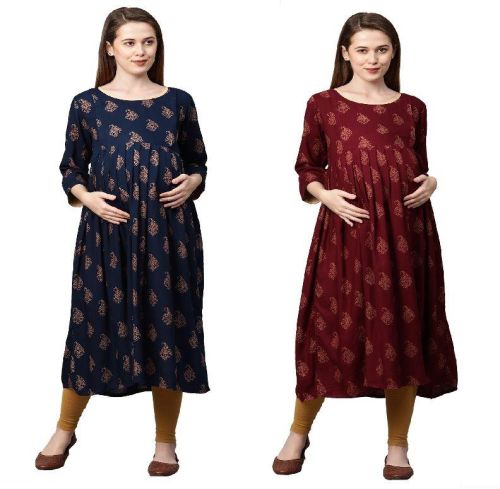 MomToBe Women's Rayon Ethnic Motifs Printed Maternity/Feeding/Nursing Maternity Kurti