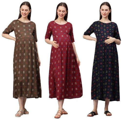 MomToBe Women's Rayon Ethnic Printed Maternity/Feeding/Nursing Dress