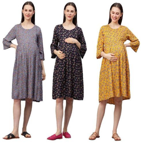 MomToBe Women's Rayon Floral Maternity/Feeding/Nursing Maternity Dress
