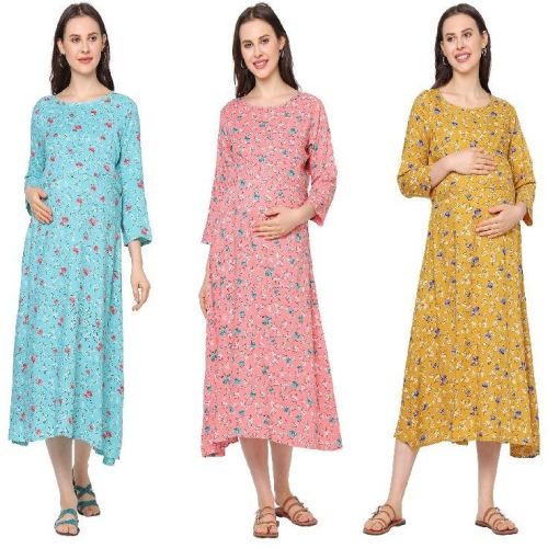 MomToBe Women's Rayon Floral A-Line Midi Maternity/Feeding/Nursing Maternity Dress