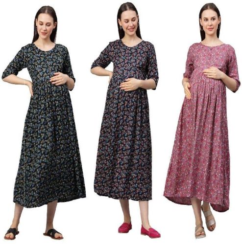 MomToBe Women's Rayon Floral Midi Maternity/Feeding/Nursing Maternity Dress