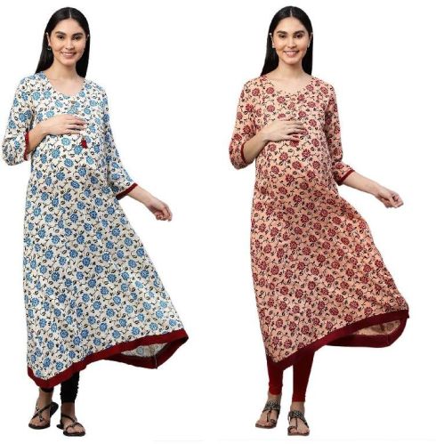 MomToBe Women's Rayon Floral Print Maternity/Feeding/Nursing Kurti