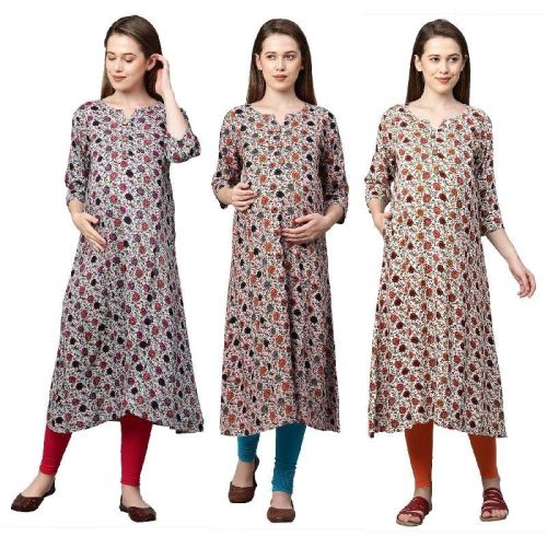 MomToBe Women's Rayon Floral Print Maternity/Feeding Kurti