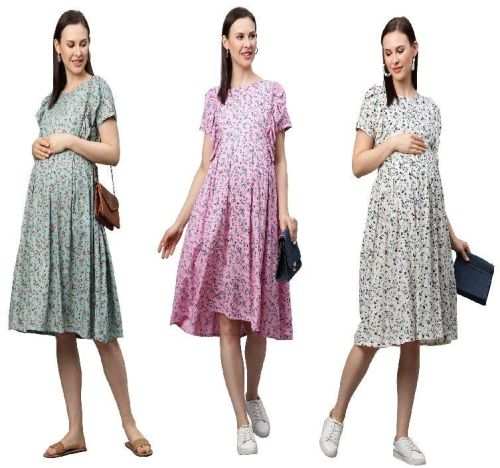 MomToBe Women's Rayon Floral Print A-Line Maternity/Feeding/Nursing Maternity Dress