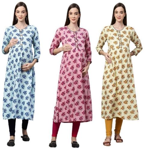 MomToBe Women's Rayon Floral Printed Maternity/Feeding/Nursing Kurti
