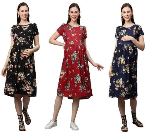 MomToBe Women's Rayon Flower Print Maternity/Feeding/Nursing Maternity Dress