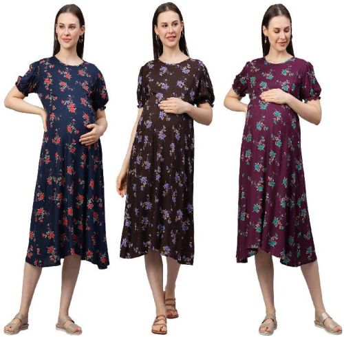 MomToBe Women's Rayon Flower Print Maternity/Feeding/Nursing Dress