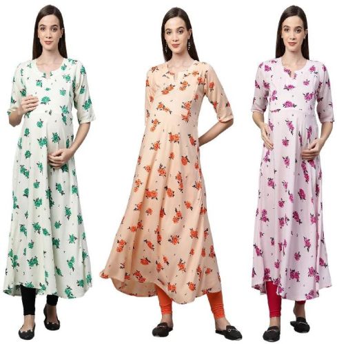 MomToBe Women's Rayon Flower Print Maternity/Feeding/Nursing Kurti
