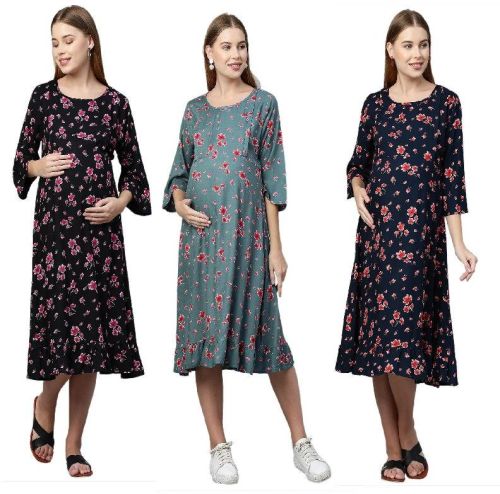 MomToBe Women's Rayon Knee Length Maternity/Feeding/Nursing Dress
