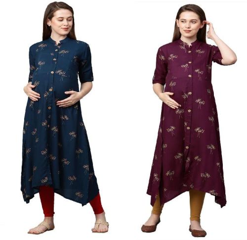 MomToBe Women's Rayon Maternity/Feeding Kurti, Style : Plain