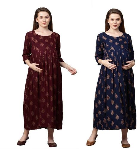 MomToBe Women's Rayon Motifs Printed Maternity/Feeding Dress