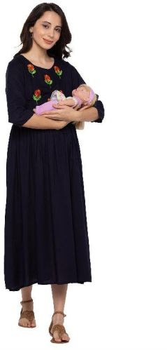 MomToBe Women's Rayon Navy Blue Maternity/Feeding/Nursing Dress