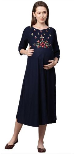 MomToBe Women's Rayon Navy Blue Maternity/Feeding Dress