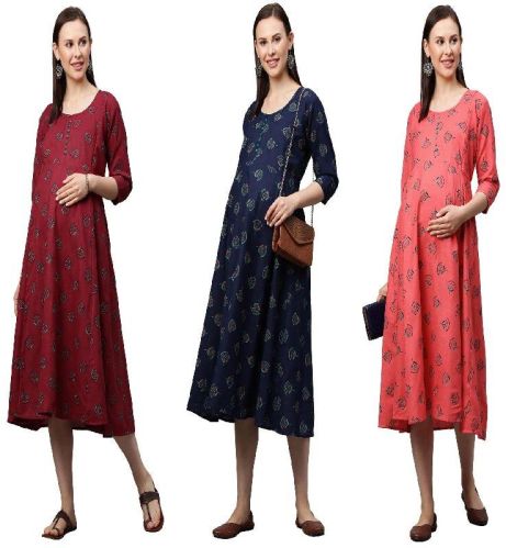 MomToBe Women's Rayon Printed Maternity/Feeding/Nursing Maternity Dress