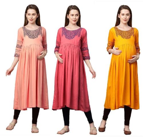 MomToBe Women's Rayon Printed Round Neck Maternity/Feeding Kurti
