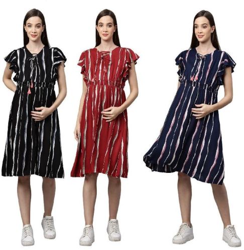 MomToBe Women's Rayon Strip Maternity/Feeding/Nursing Maternity Kurti