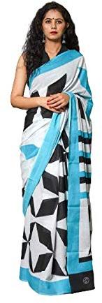 Blue Black Abstract Design Pure Cotton Mulmul Printed Sarees