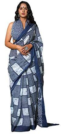 Blue Pure Cotton Mulmul Printed Sarees