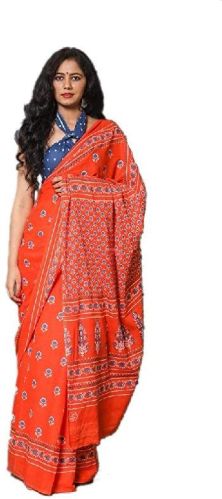 Bright Orange With Big Buties Pure Cotton Mulmul Printed Sarees