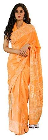 Light Orange White Block Print Pure Cotton Mulmul Printed Sarees