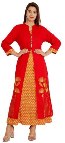 3/4 Sleeves V Neck Designer Kurta, Color : Red