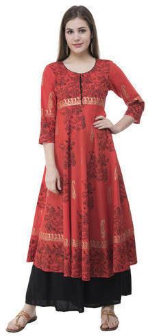 Printed Orange Cotton Anarkali Kurta, Occasion : Casual Wear