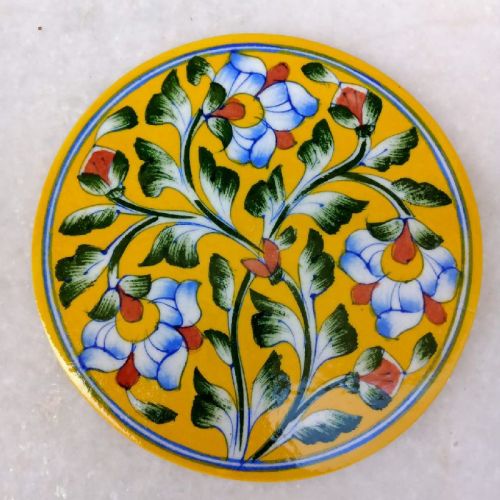 Round Glazed Blue Pottery Hot PlatesBPHP-008, For Home Decor, Pattern : Free Hand Miniature Panting