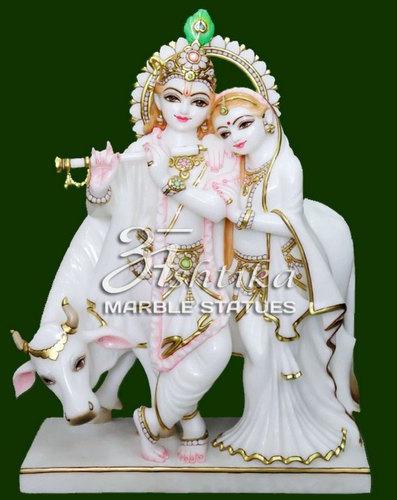 Marble Radha Krishna With Cow Statue, Color : Multicolour, White